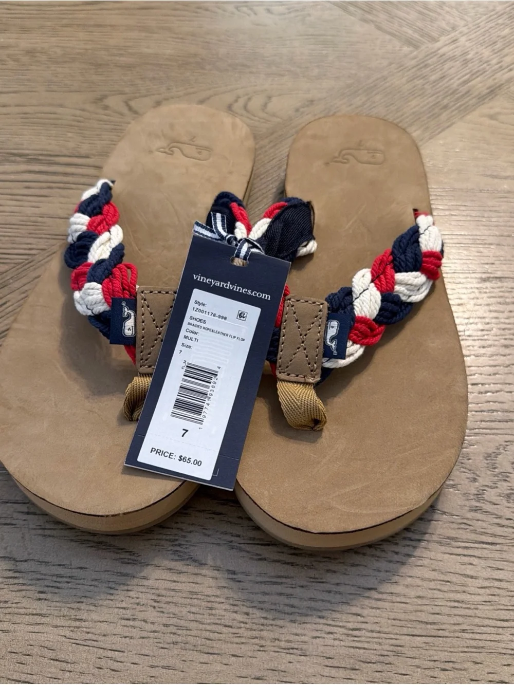 Vineyard Vines Size 7 Flip Flops. Braided Rope And Leather. Red, White